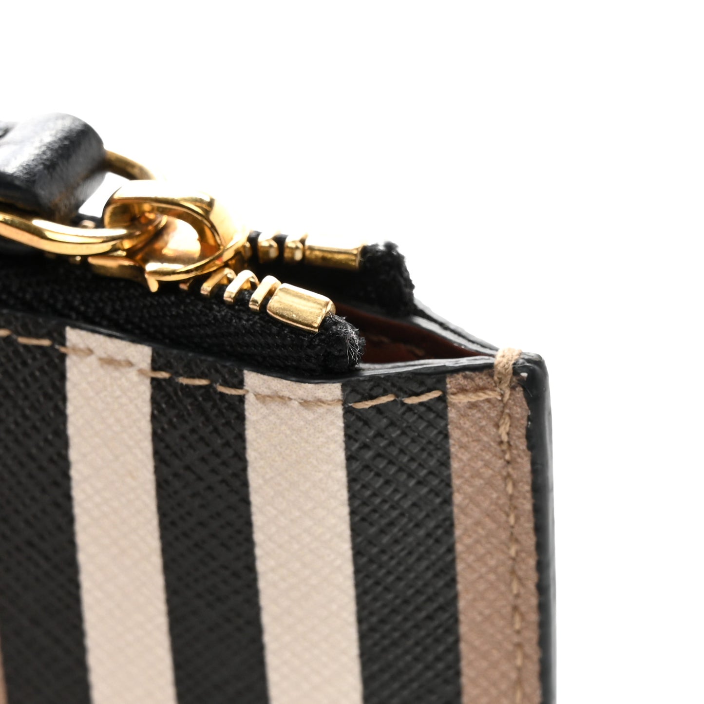 E-Canvas Calfskin Icon Stripe Zip Coin Case Archive Beige