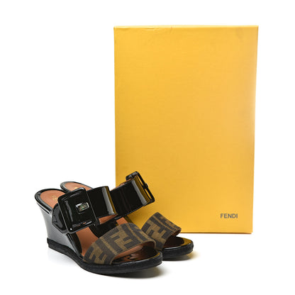 Fendi Patent Fabric FF Wedge Sandals 36 Tobacco Black 11 of 11