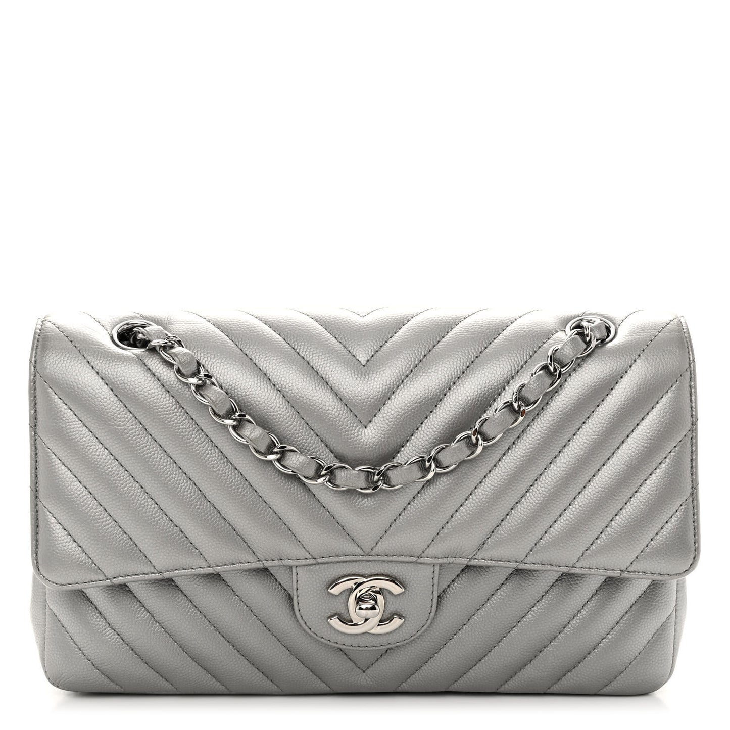 Metallic Caviar Chevron Quilted Medium Double Flap Silver
