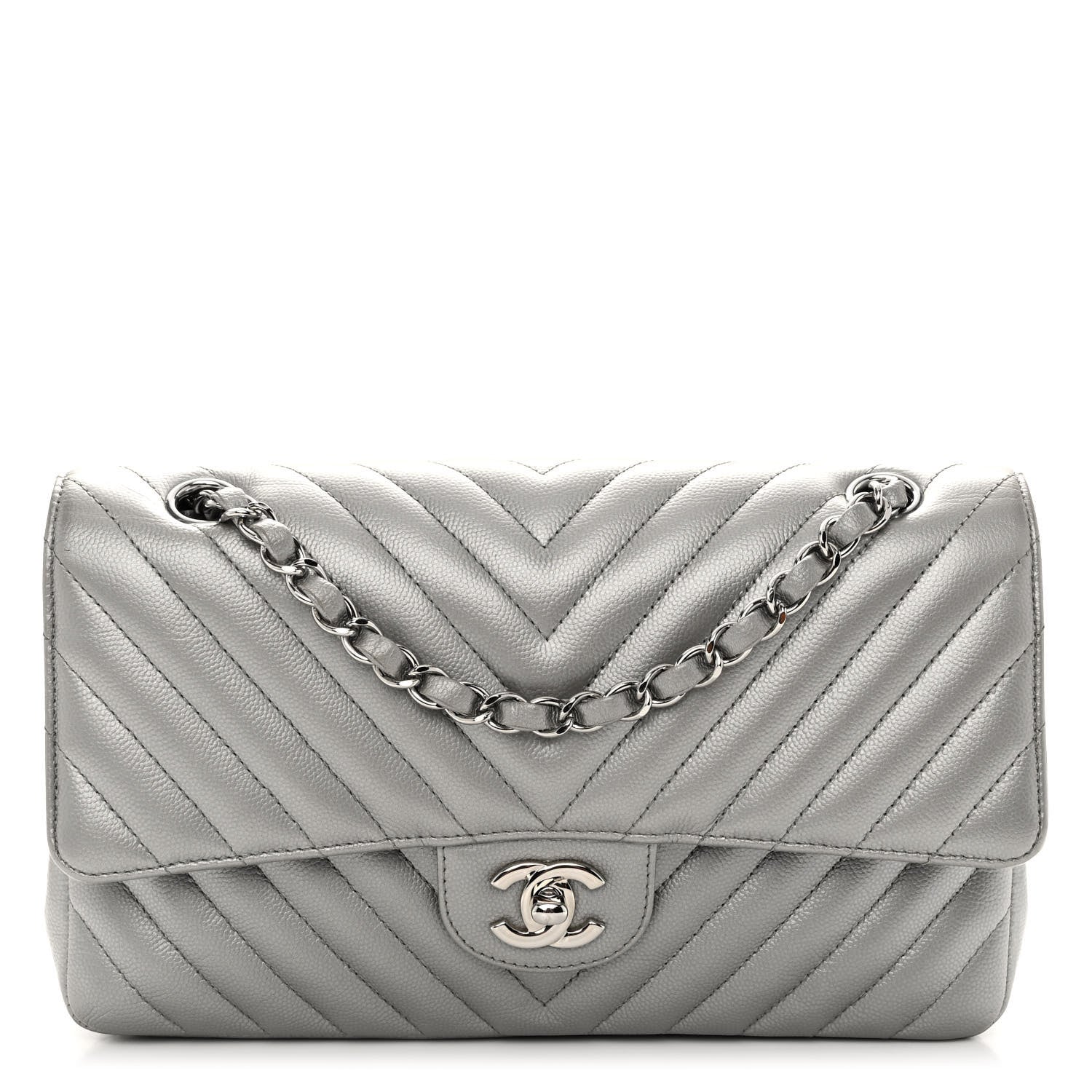 Chanel Metallic Caviar Chevron Quilted Medium Double Flap Silver 1 of 12