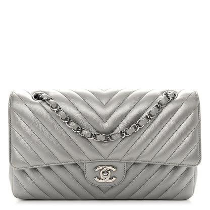 Chanel Metallic Caviar Chevron Quilted Medium Double Flap Silver 1 of 12