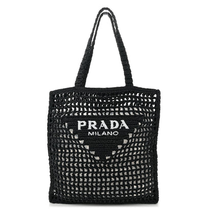 Prada Yarn Raffia Effect Crochet Logo Embroidered Tote Bag Black 1 of 11