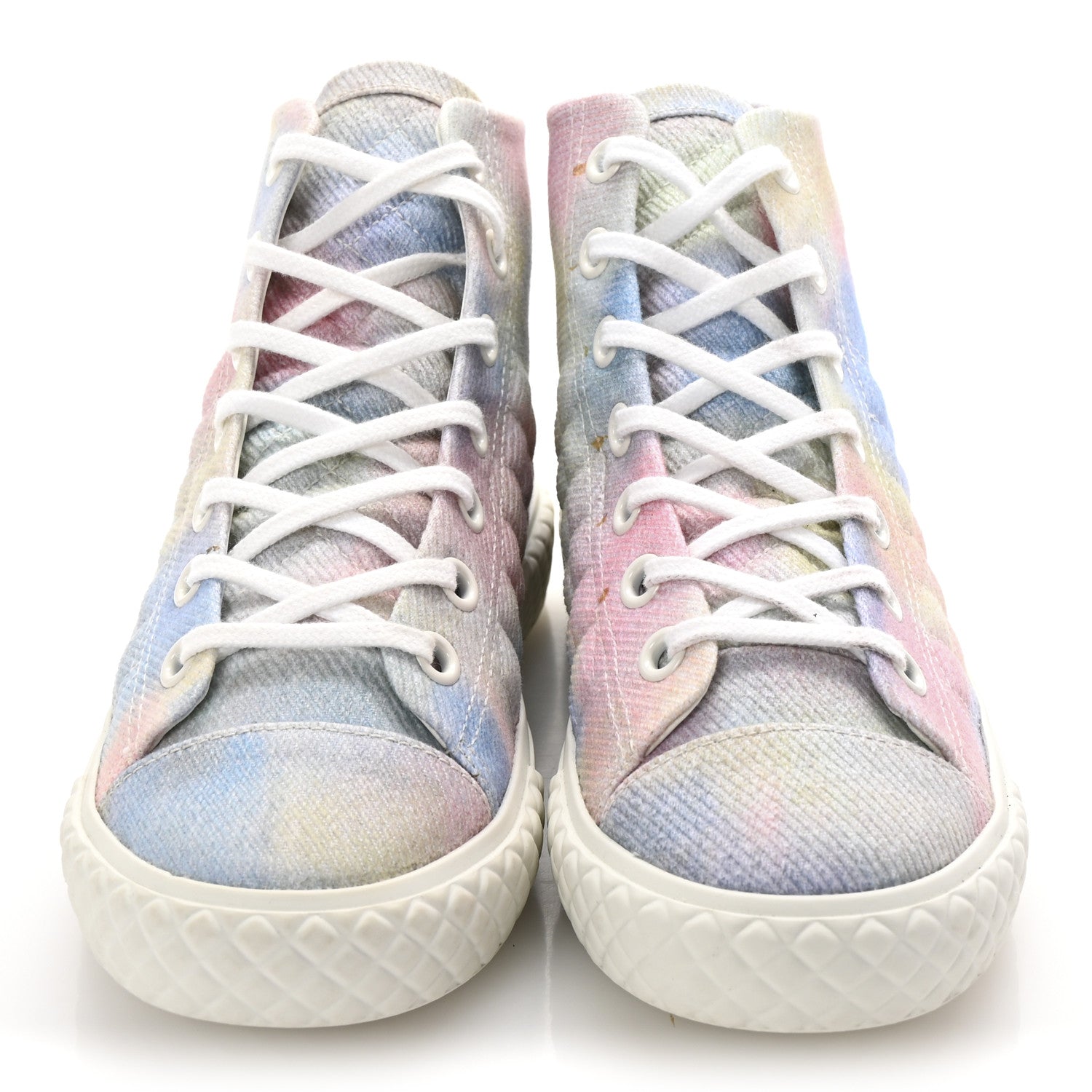 Chanel Printed Fabric Quilted High Top Sneakers 37 Green Pink Blue White 3 of 10