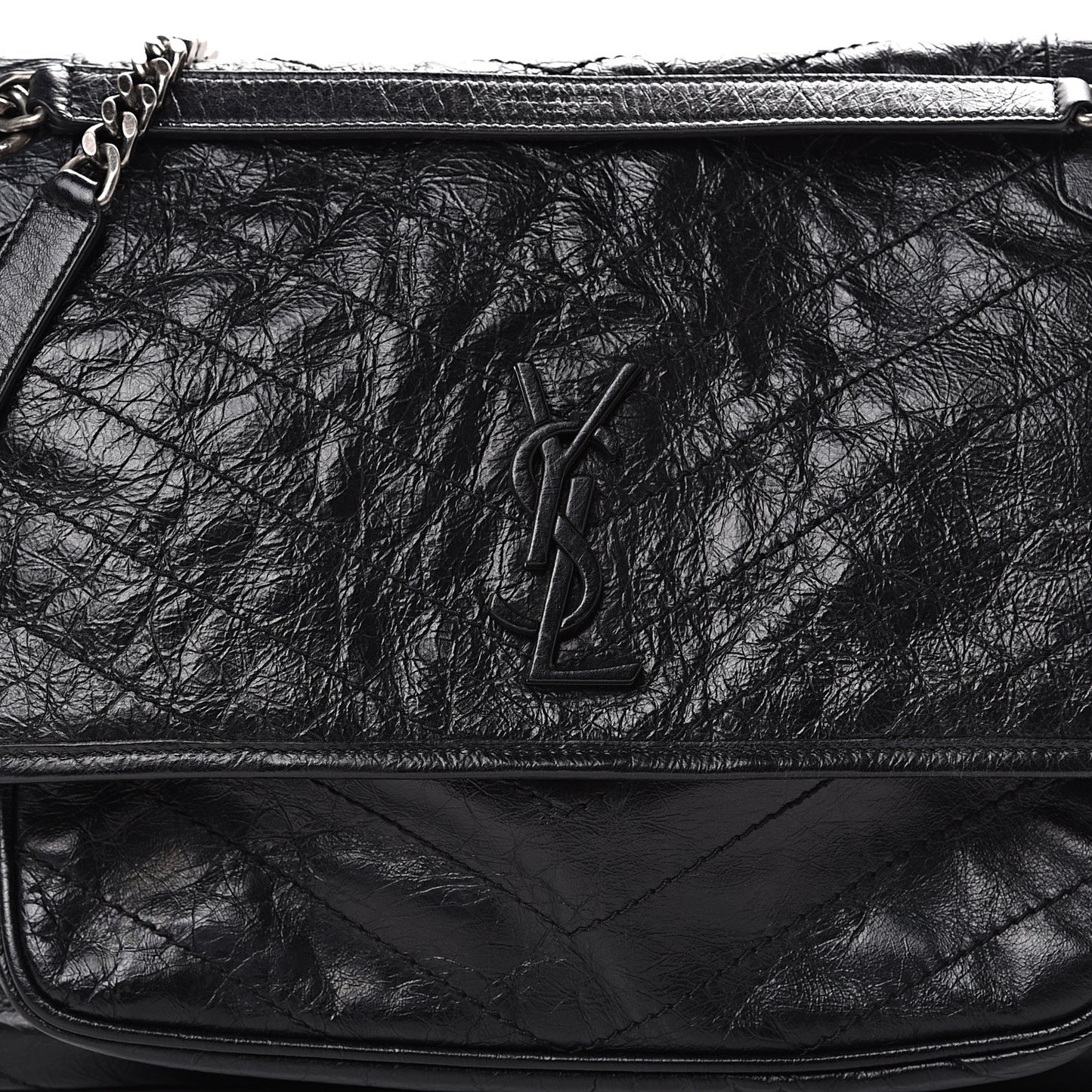 Crinkled Calfskin Matelasse Monogram Large Niki Chain Satchel Black
