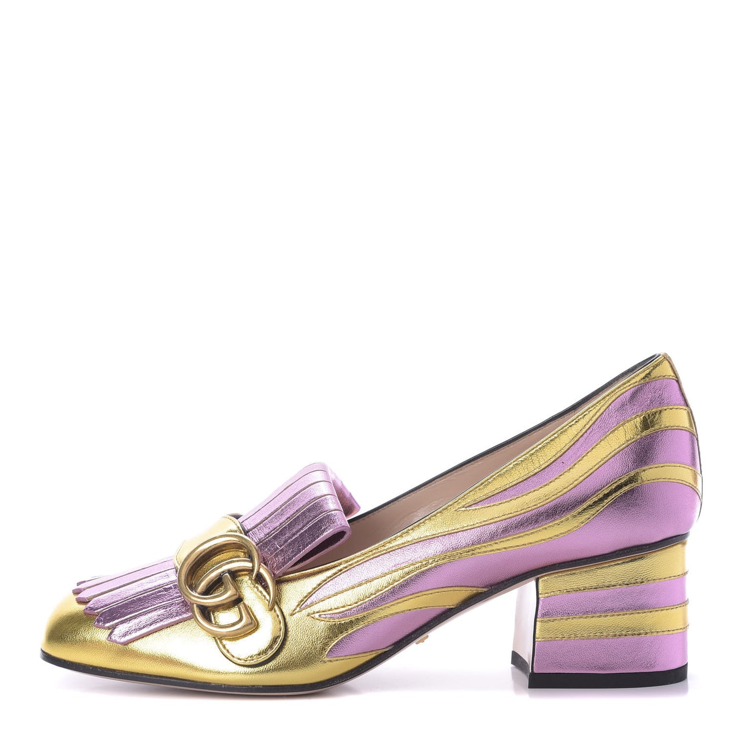 Metallic Nappa Inlay GG Marmont Fringe 50mm Loafer Pumps 36.5 Oro Vecchio Rosa