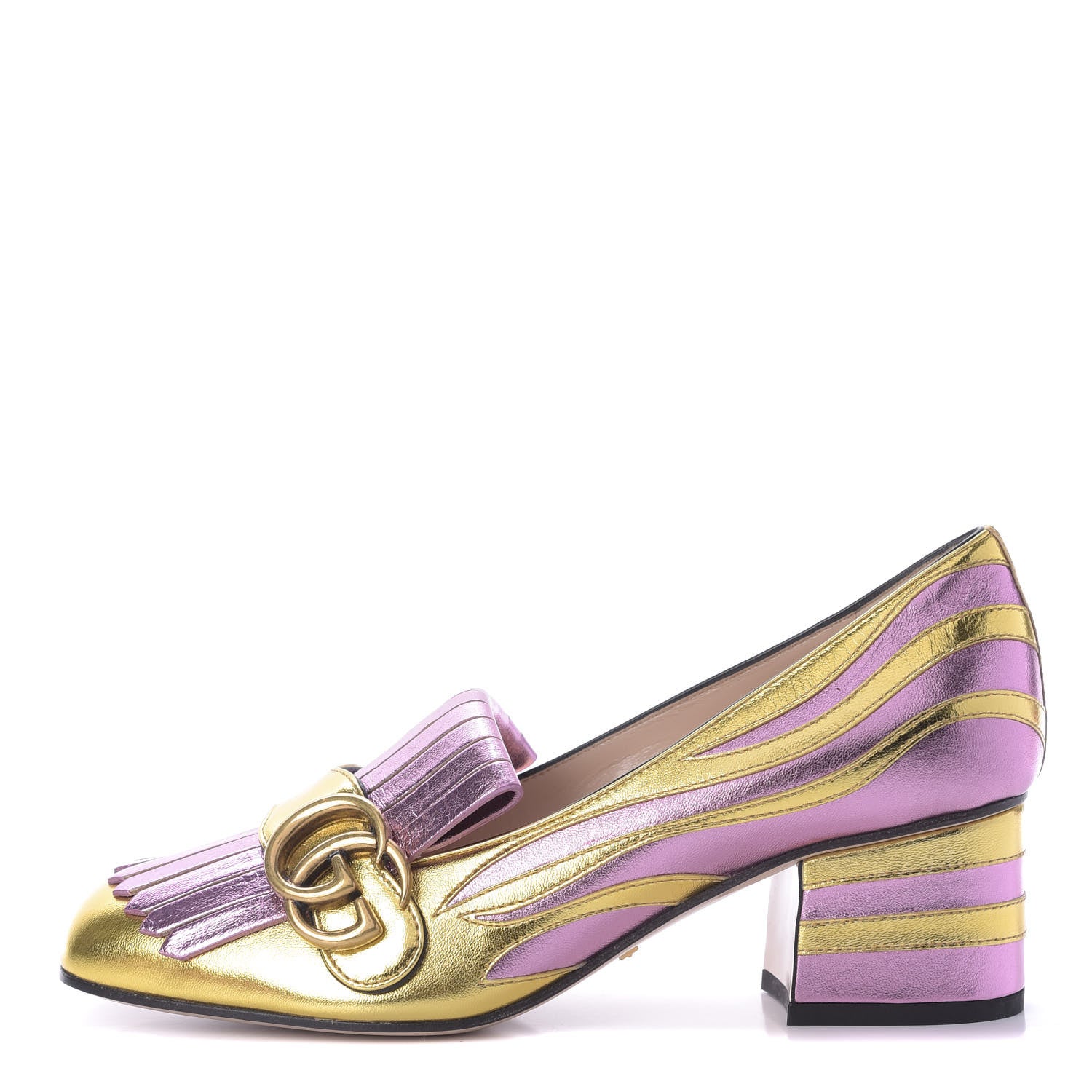 Gucci Metallic Nappa Inlay GG Marmont Fringe 50mm Loafer Pumps 36.5 Oro Vecchio Rosa 1 of 10