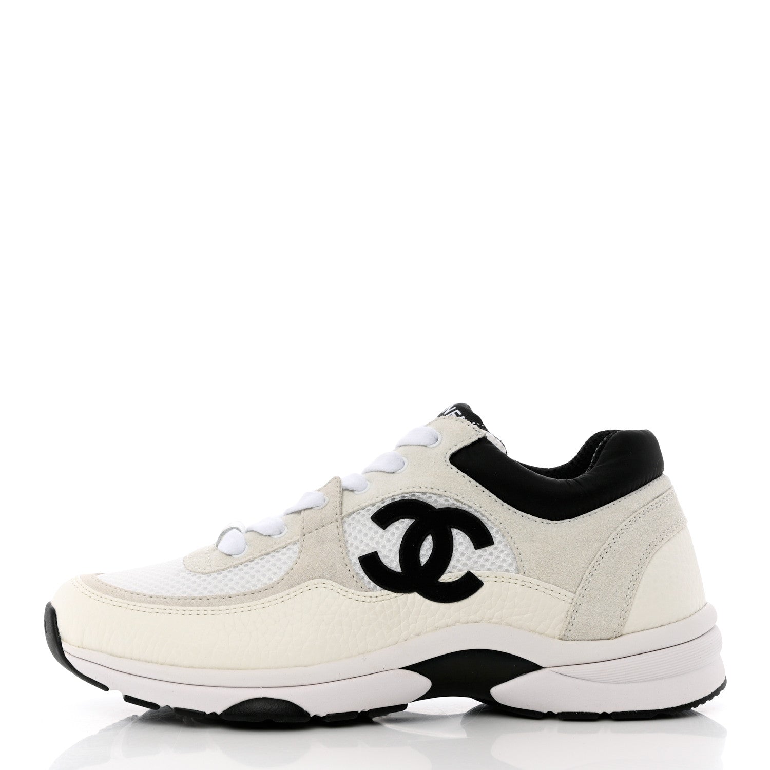 Chanel Mesh Suede Calfskin Grained Calfskin Womens CC Sneakers 38.5 White Black 1 of 11