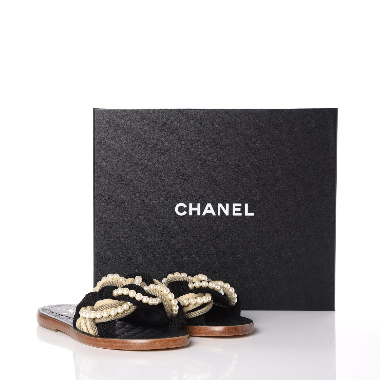 Chanel Lambskin Pearl Cord CC Mules 37 Black Beige 8 of 8