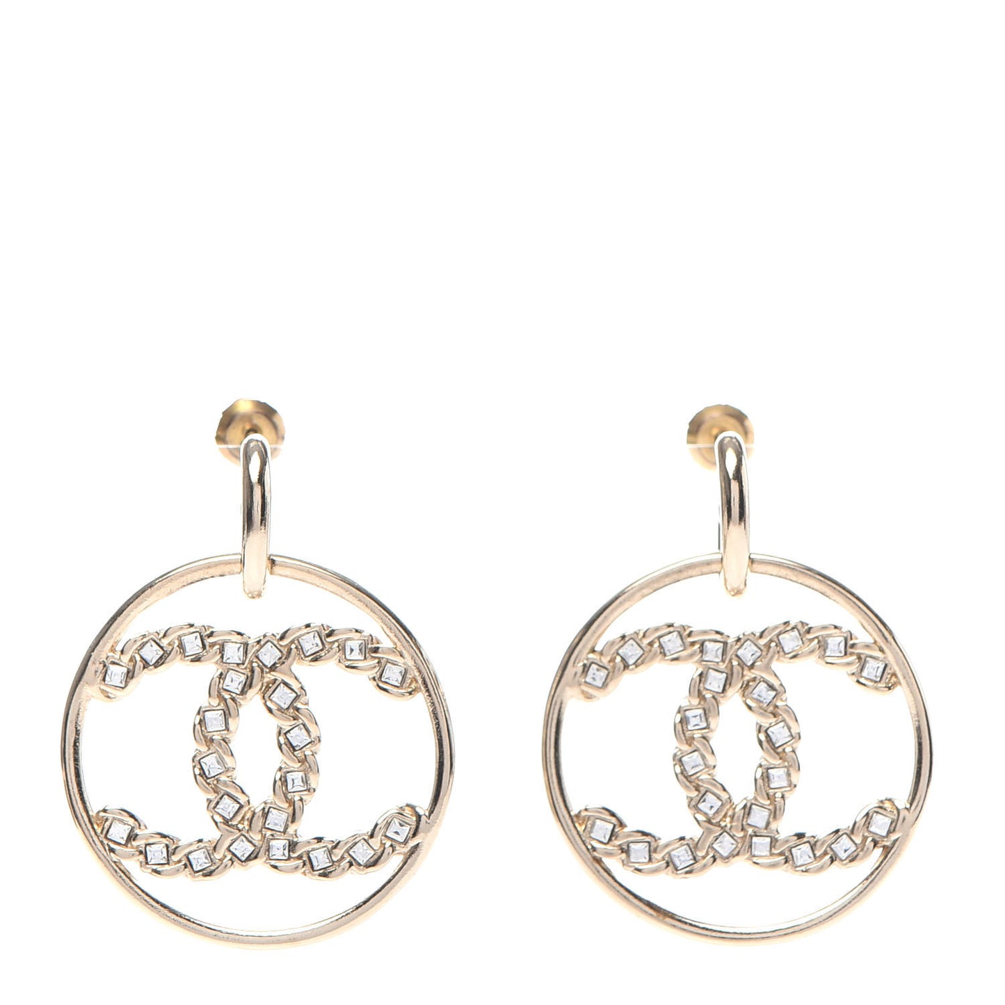 Crystal Chain Chanel Strass CC Drop Earrings Gold