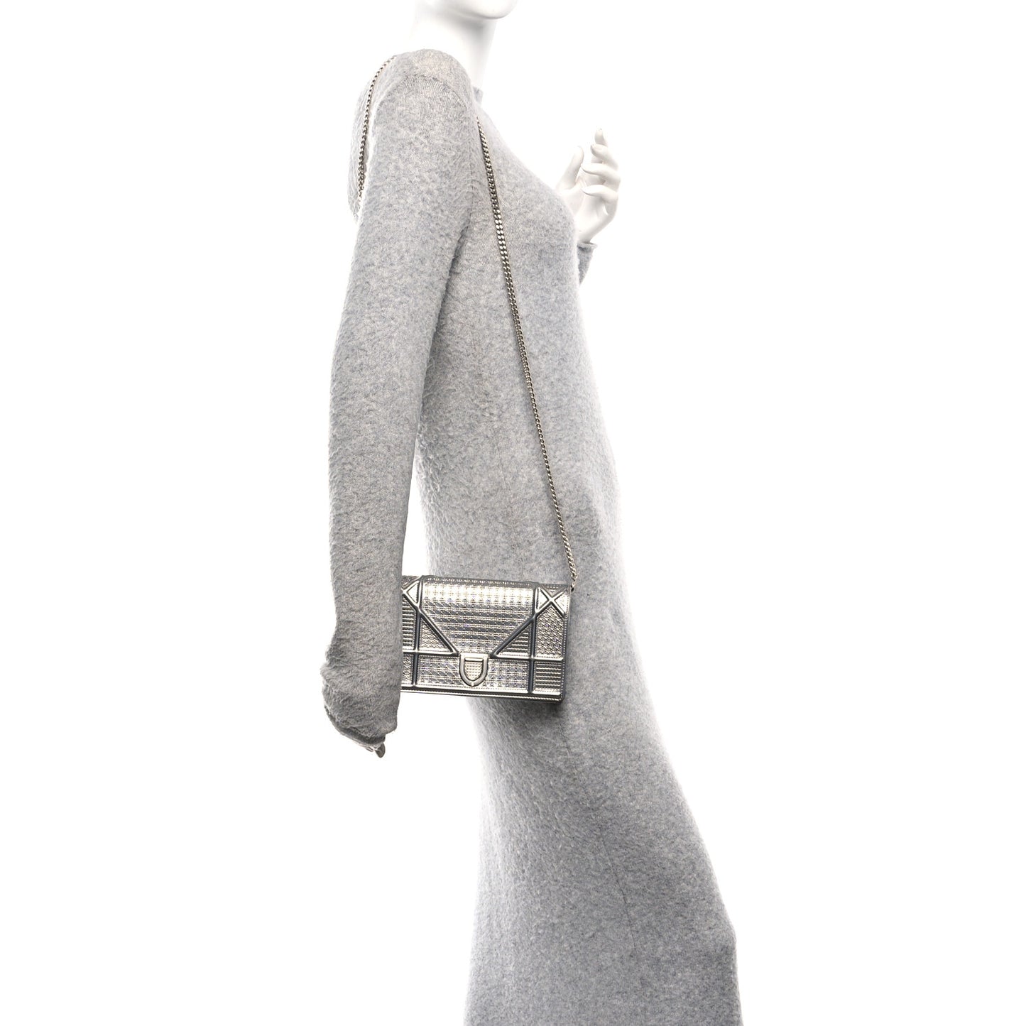 Metallic Patent Micro-Cannage Diorama Wallet on Chain Pouch Silver