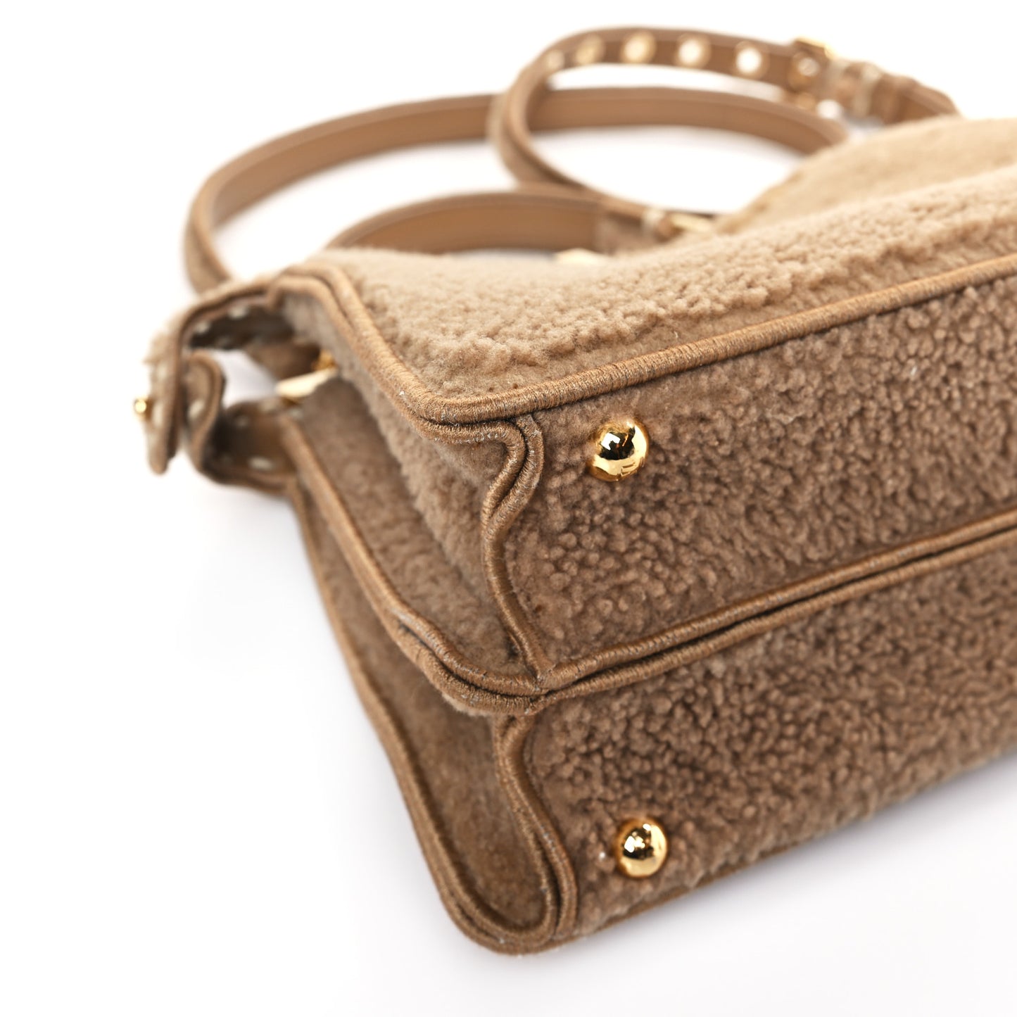 Curly Shearling Shiny Nappa Small Peekaboo I SEE U Satchel Camel