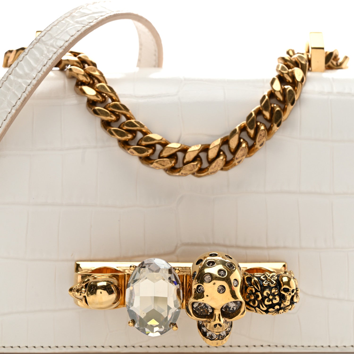 Alexander McQueen Calfskin Crocodile Embossed Mini Jeweled Satchel Deep Ivory 8 of 10