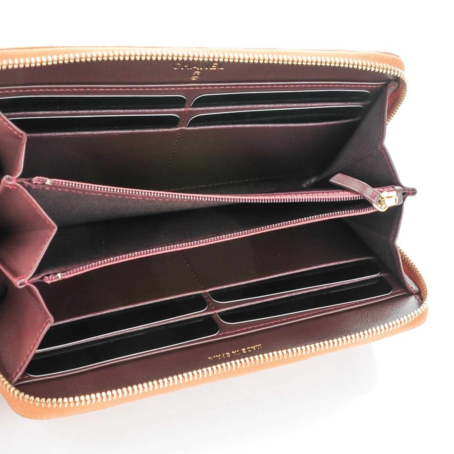 Lambskin Quilted Large Gusset Trendy CC Zip Around Wallet Camel