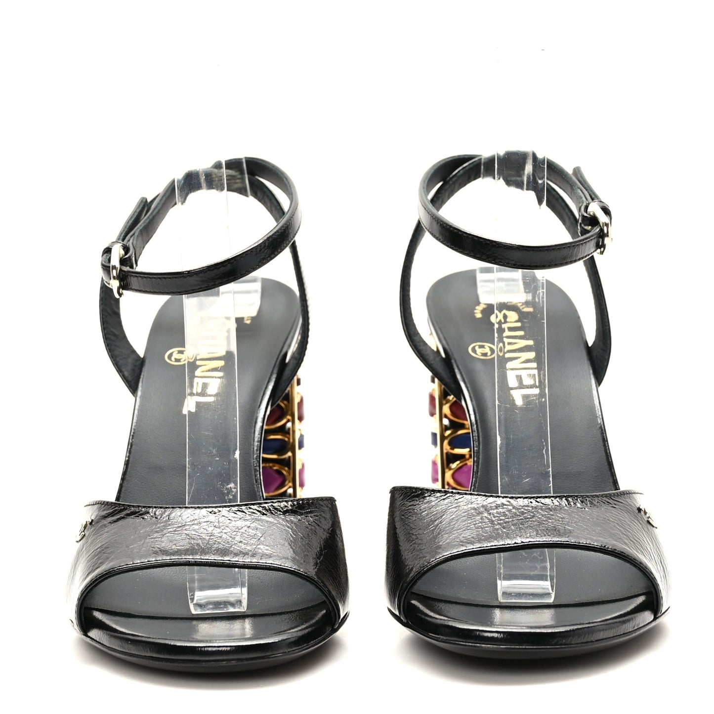 Shiny Calfskin Metal CC Chain Sandals 39.5 Black Multicolor