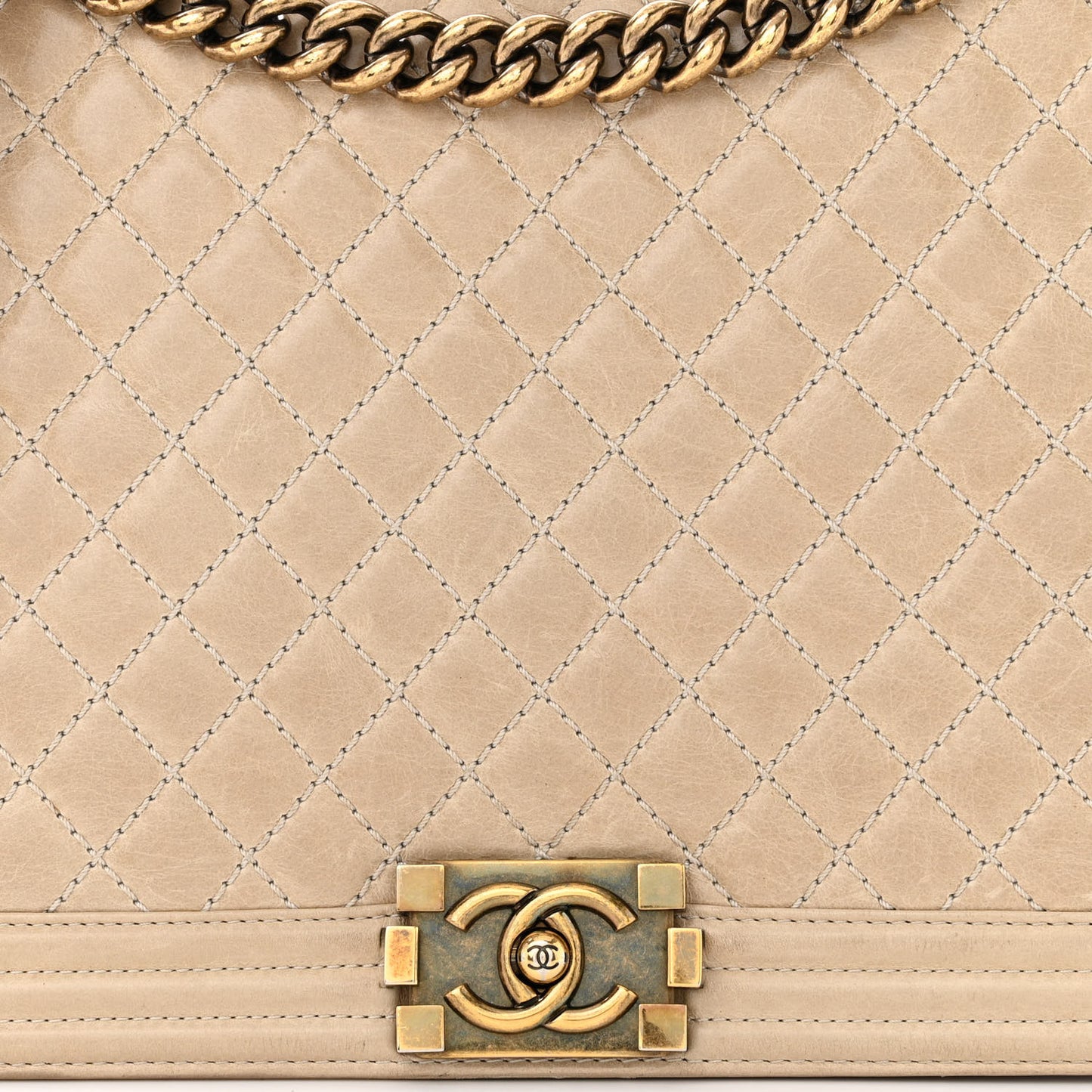 Glazed Calfskin Quilted Large Boy Flap Beige