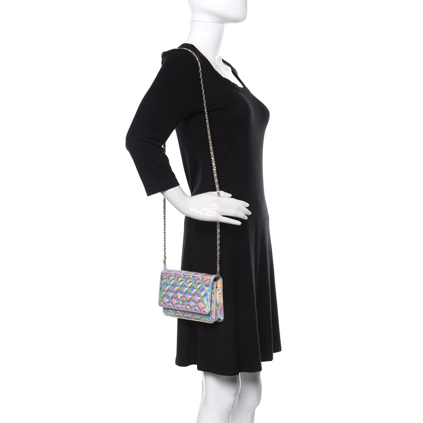 Iridescent Goatskin Quilted Wallet On Chain WOC Silver