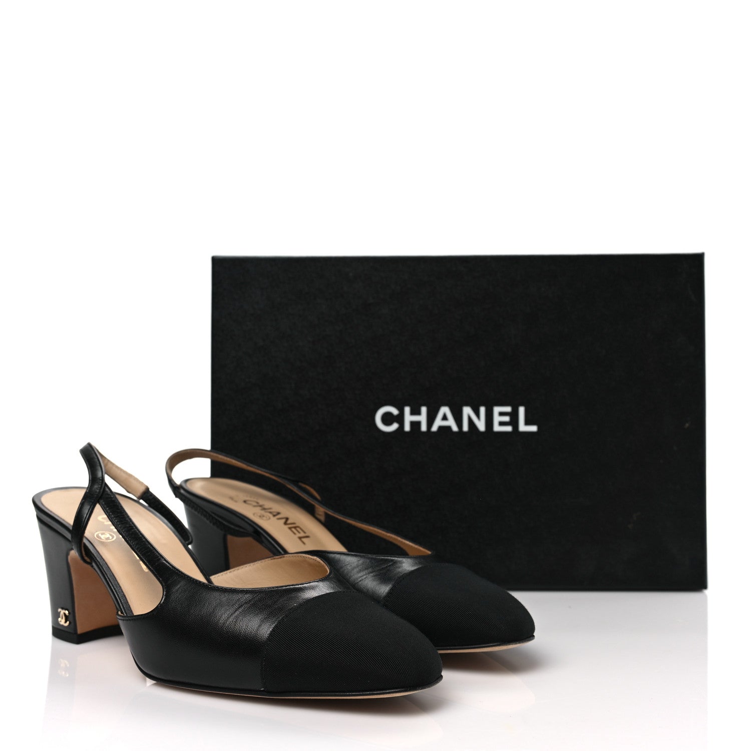 Chanel Goatskin Grosgrain Cap Toe CC Slingback Sandals 39 Black 8 of 8
