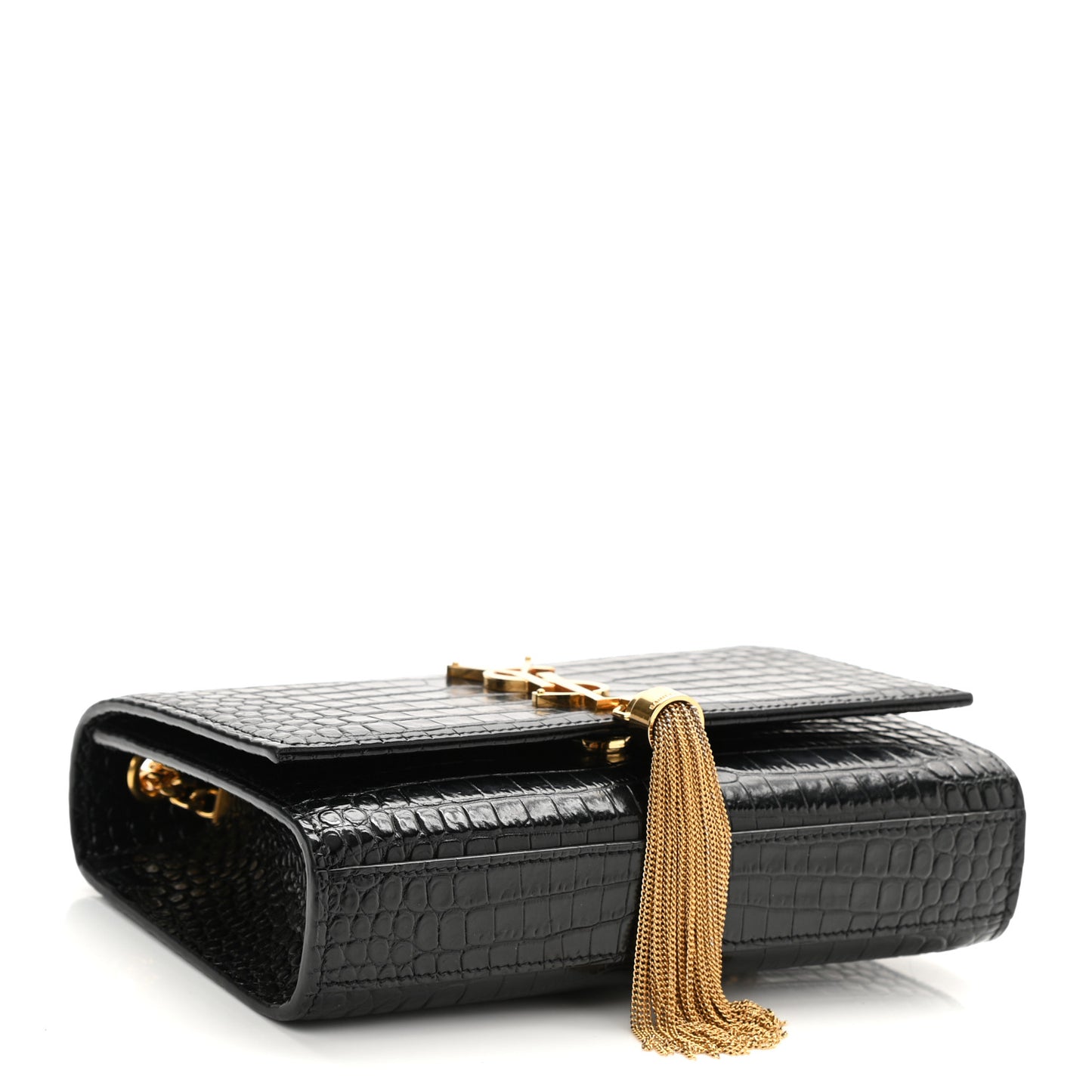 Calfskin Crocodile Embossed Small Classic Monogram Kate Tassel Satchel Black