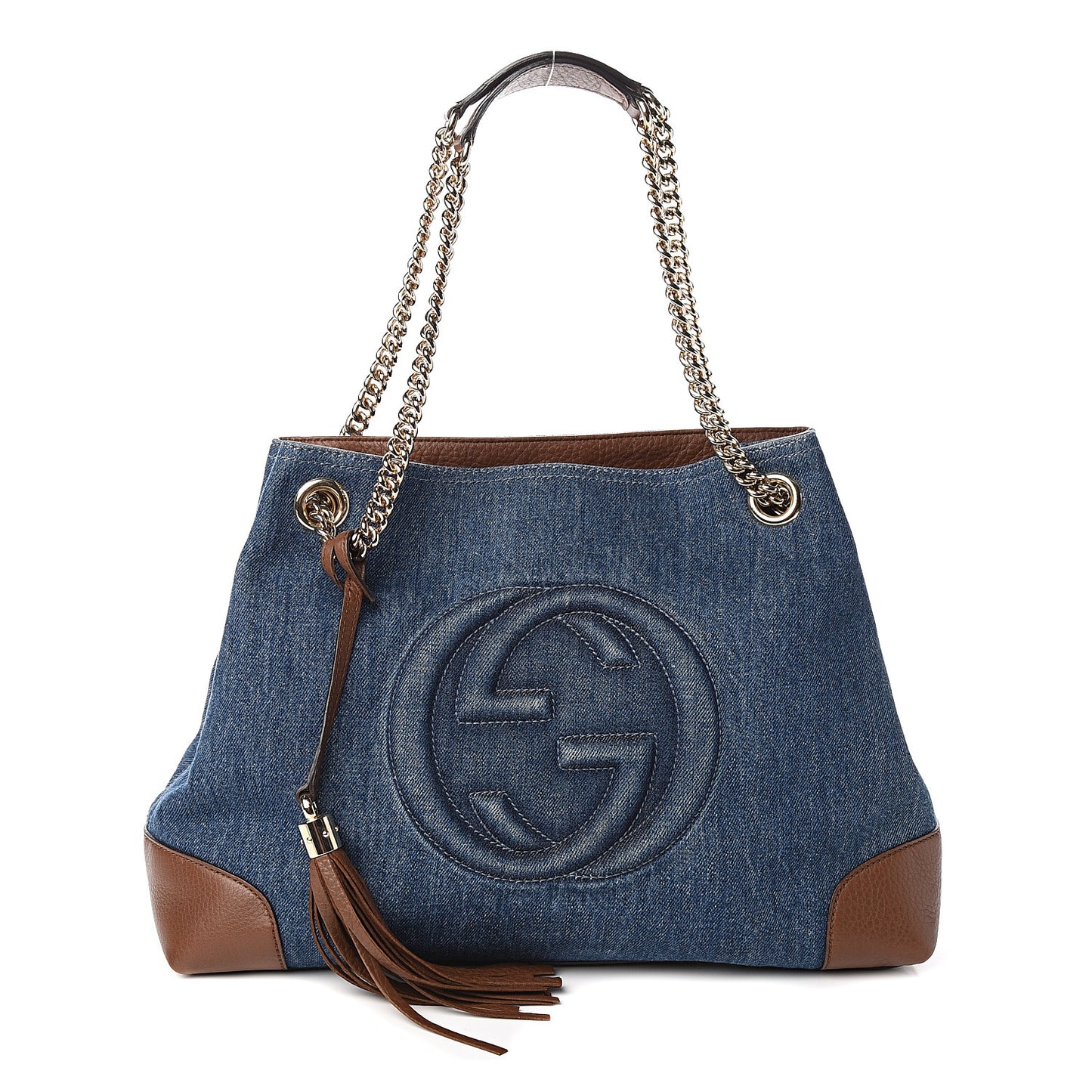 Denim Pebbled Calfskin Medium Soho Chain Shoulder Bag Blue Brown