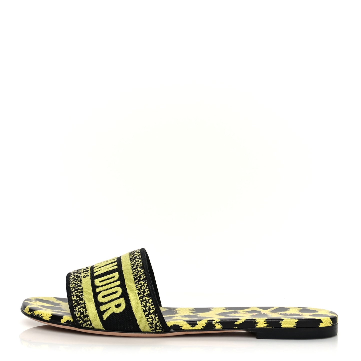 Calfskin Canvas Embroidered Leopard Dway Mules Slide Sandals 38 Lime Pop
