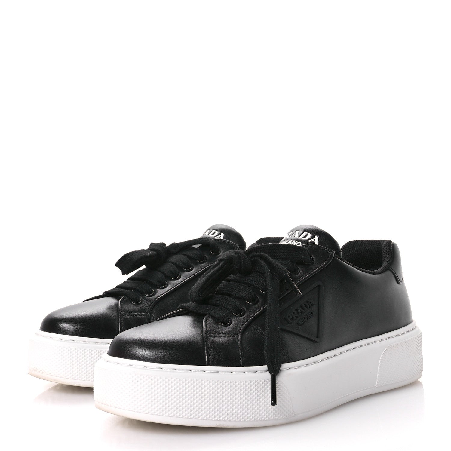 Prada Vitello Soft Logo Mens Low Top Sneakers 6.5 Black White 4 of 8