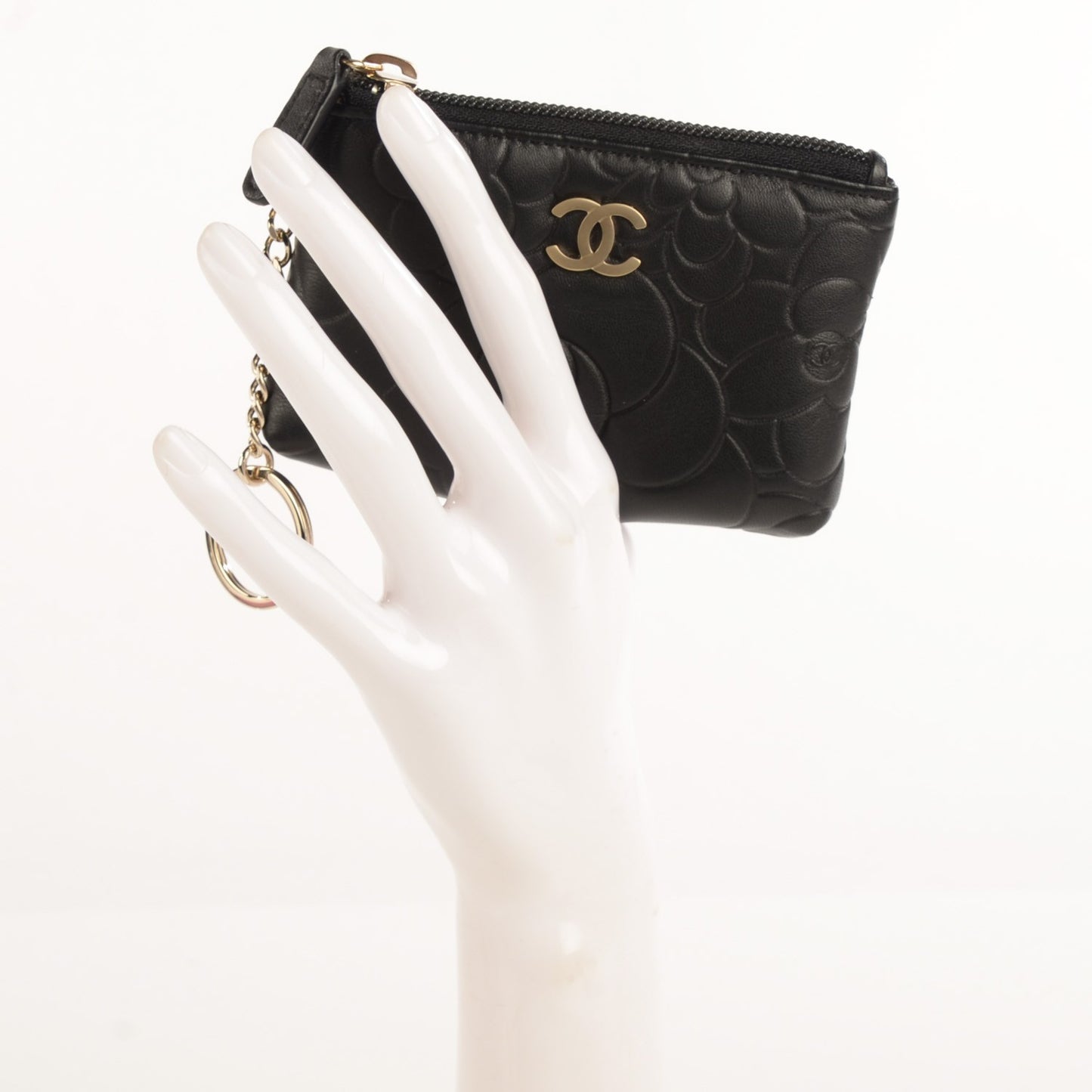 Lambskin Camellia Embossed Key Holder Case Black