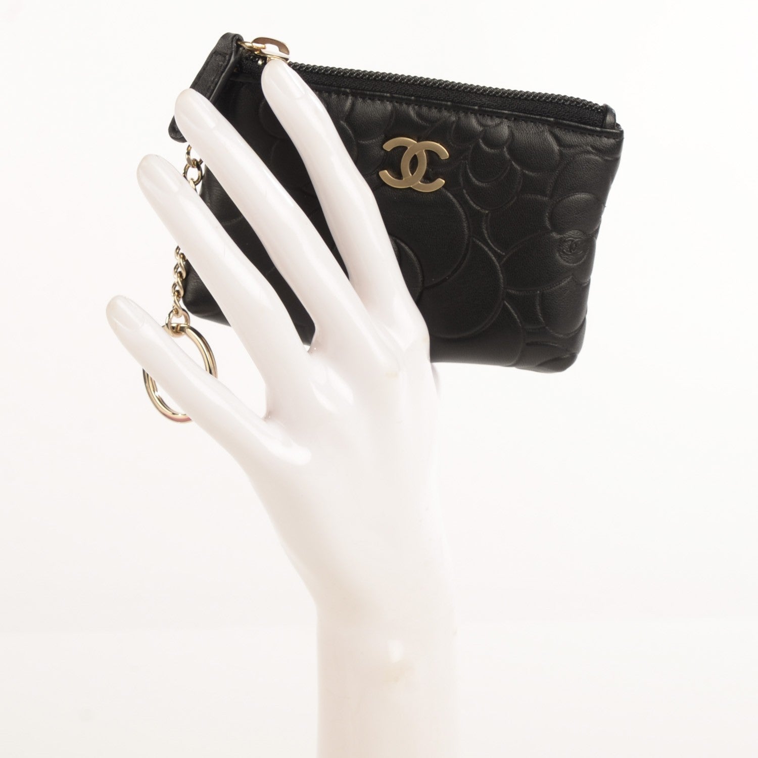 Chanel Lambskin Camellia Embossed Key Holder Case Black 2 of 7