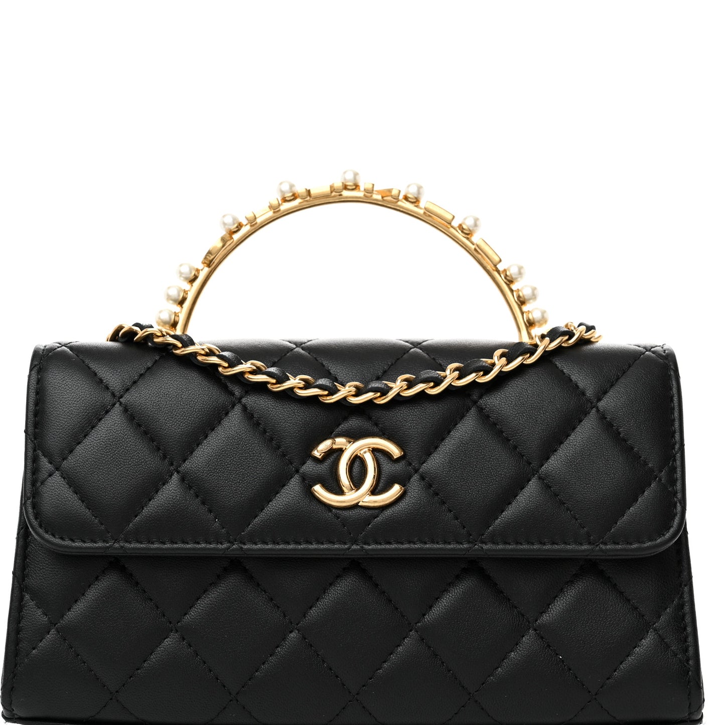 Lambskin Pearl Crystal Quilted Pearly Girl Handle Flap Phone Holder With Chain Black