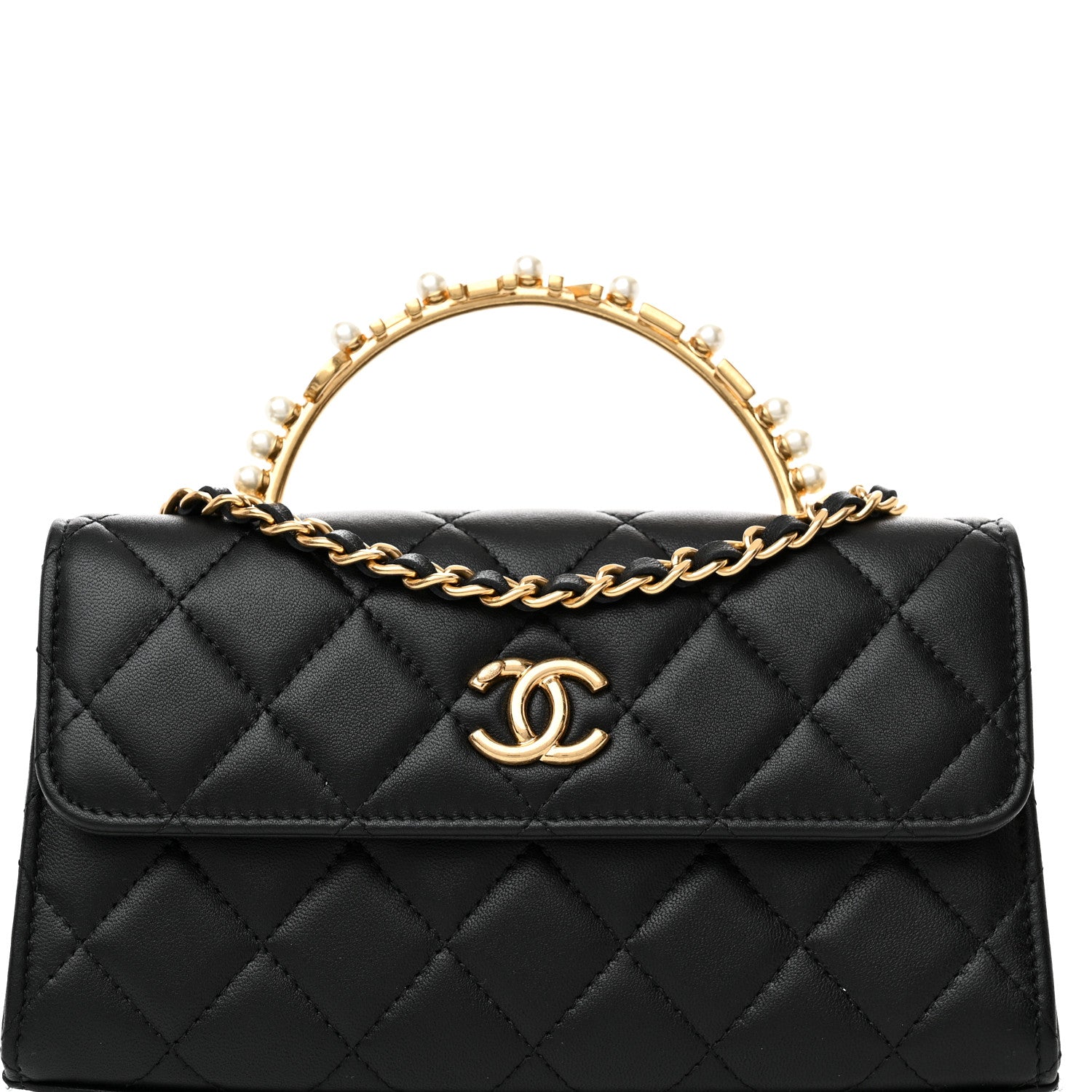 Chanel Lambskin Pearl Crystal Quilted Pearly Girl Handle Flap Phone Holder With Chain Black 8 of 12
