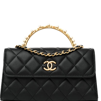 Chanel Lambskin Pearl Crystal Quilted Pearly Girl Handle Flap Phone Holder With Chain Black 8 of 12