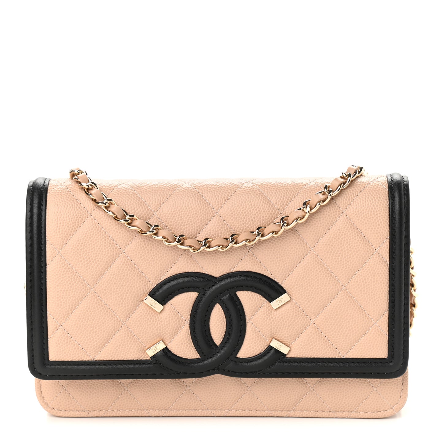Caviar Quilted CC Filigree Wallet On Chain WOC Beige Black