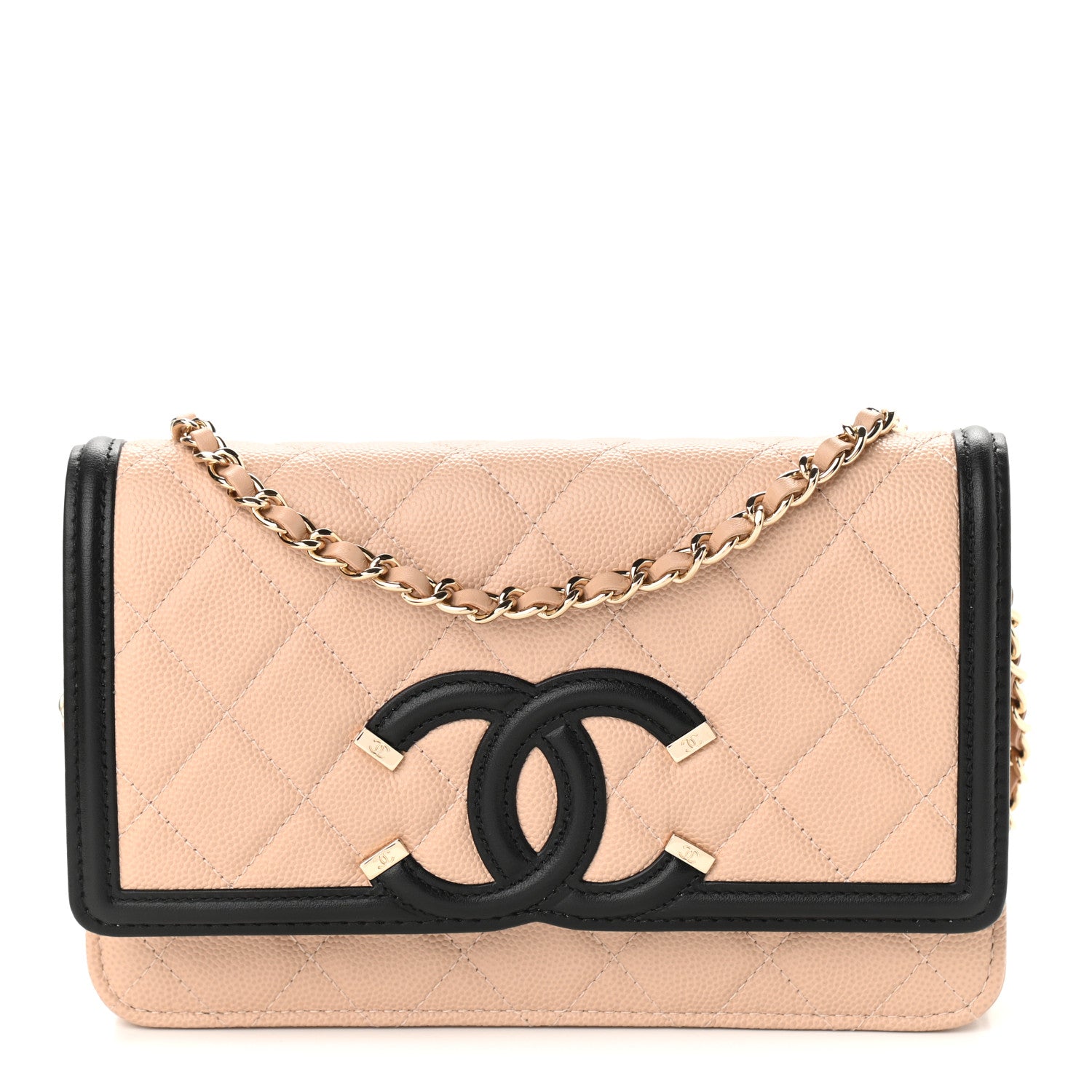 Chanel Caviar Quilted CC Filigree Wallet On Chain WOC Beige Black 1 of 10