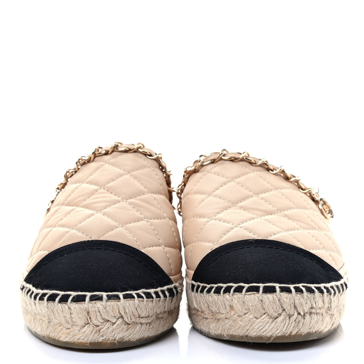 Lambskin Grosgrain Quilted CC Chain Espadrille Mules 38 Beige Black