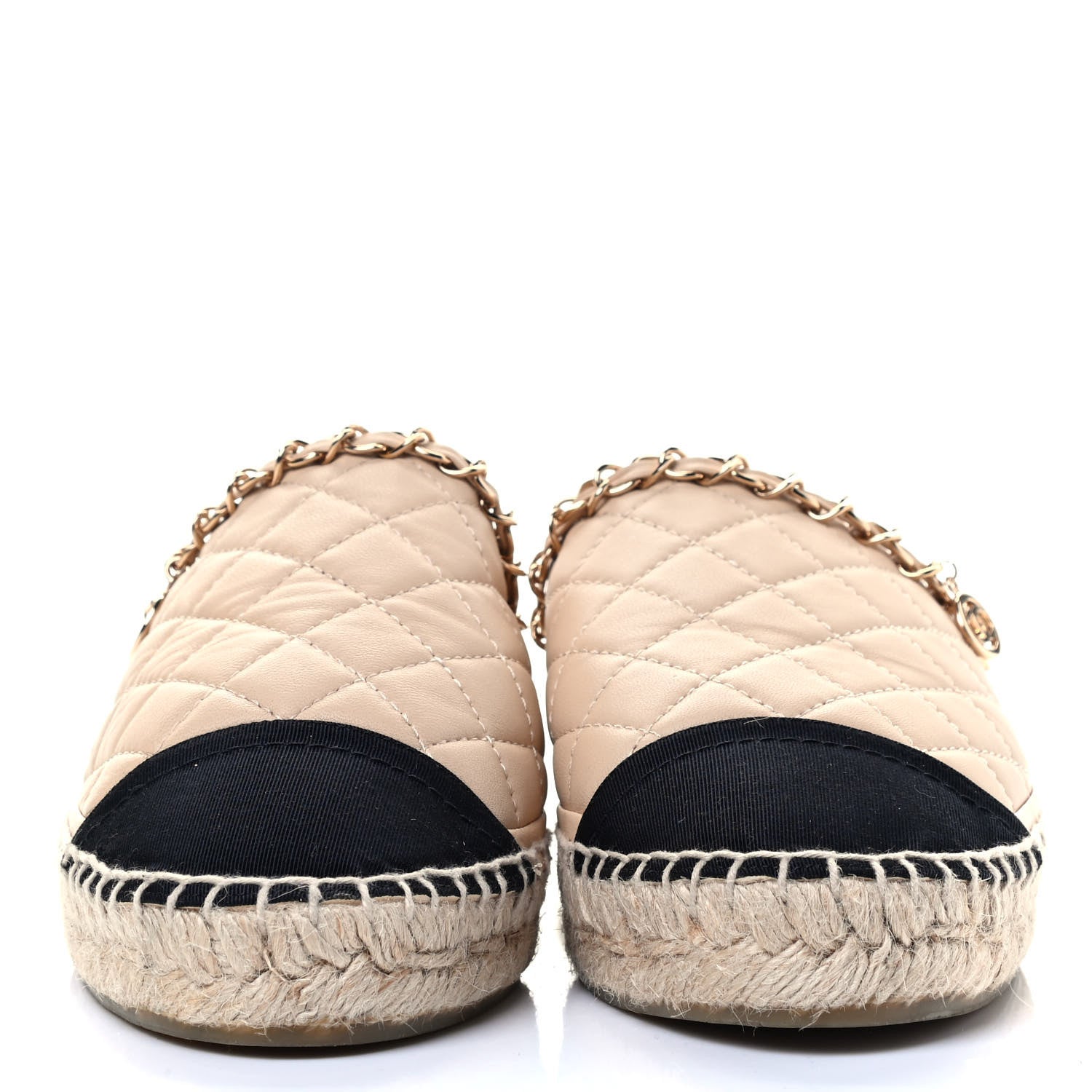 Chanel Lambskin Grosgrain Quilted CC Chain Espadrille Mules 38 Beige Black 2 of 8