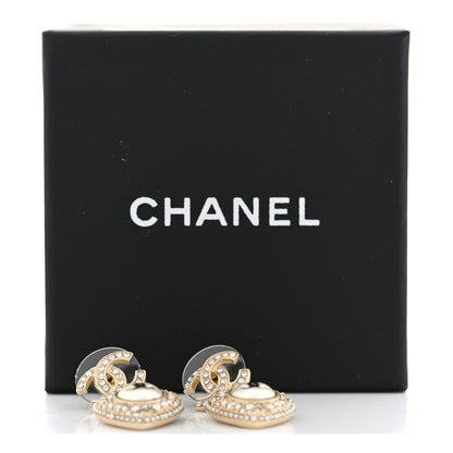 Chanel Pearl Crystal CC Heart Drop Earrings Gold White 5 of 5