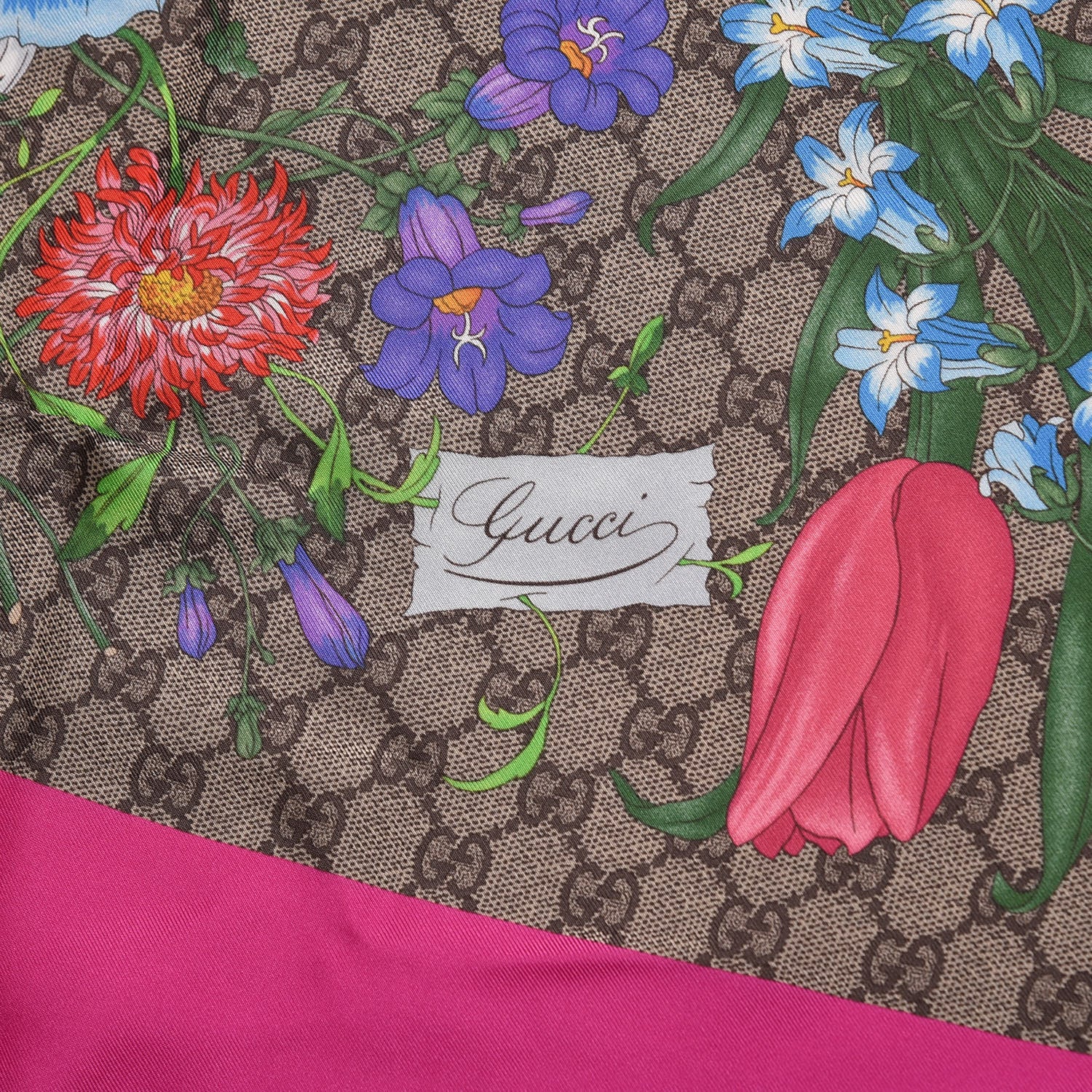 Gucci Silk Twill GG Monogram Flora Fluo GG Square Scarf Beige Pink 5 of 5