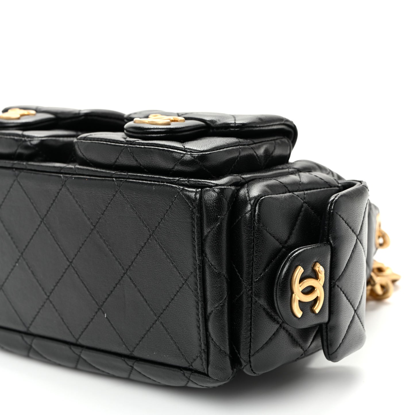 Shiny Lambskin Quilted Trendy Pockets Hobo Black