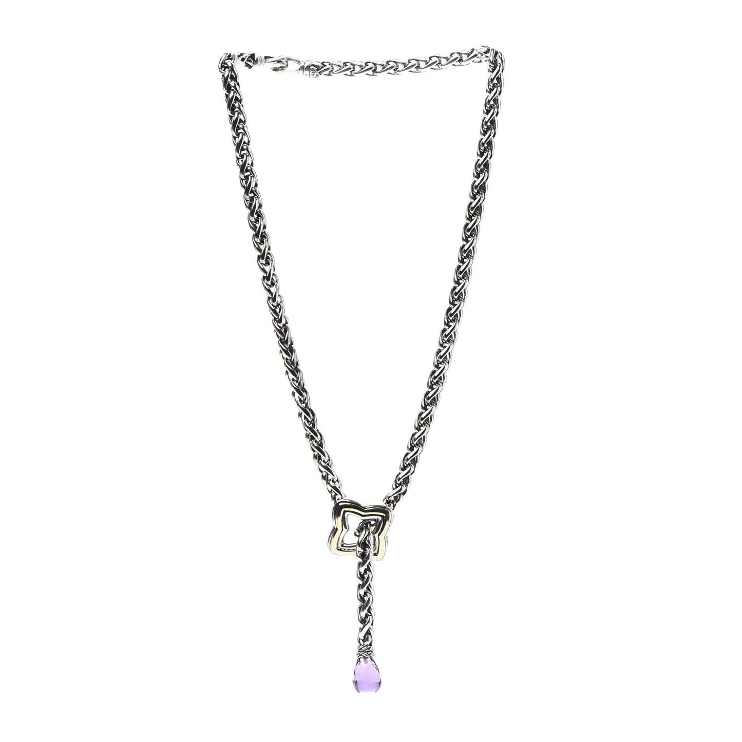 Sterling Silver 18K Yellow Gold Amethyst Quatrefoil Lariat Wheat Chain Necklace