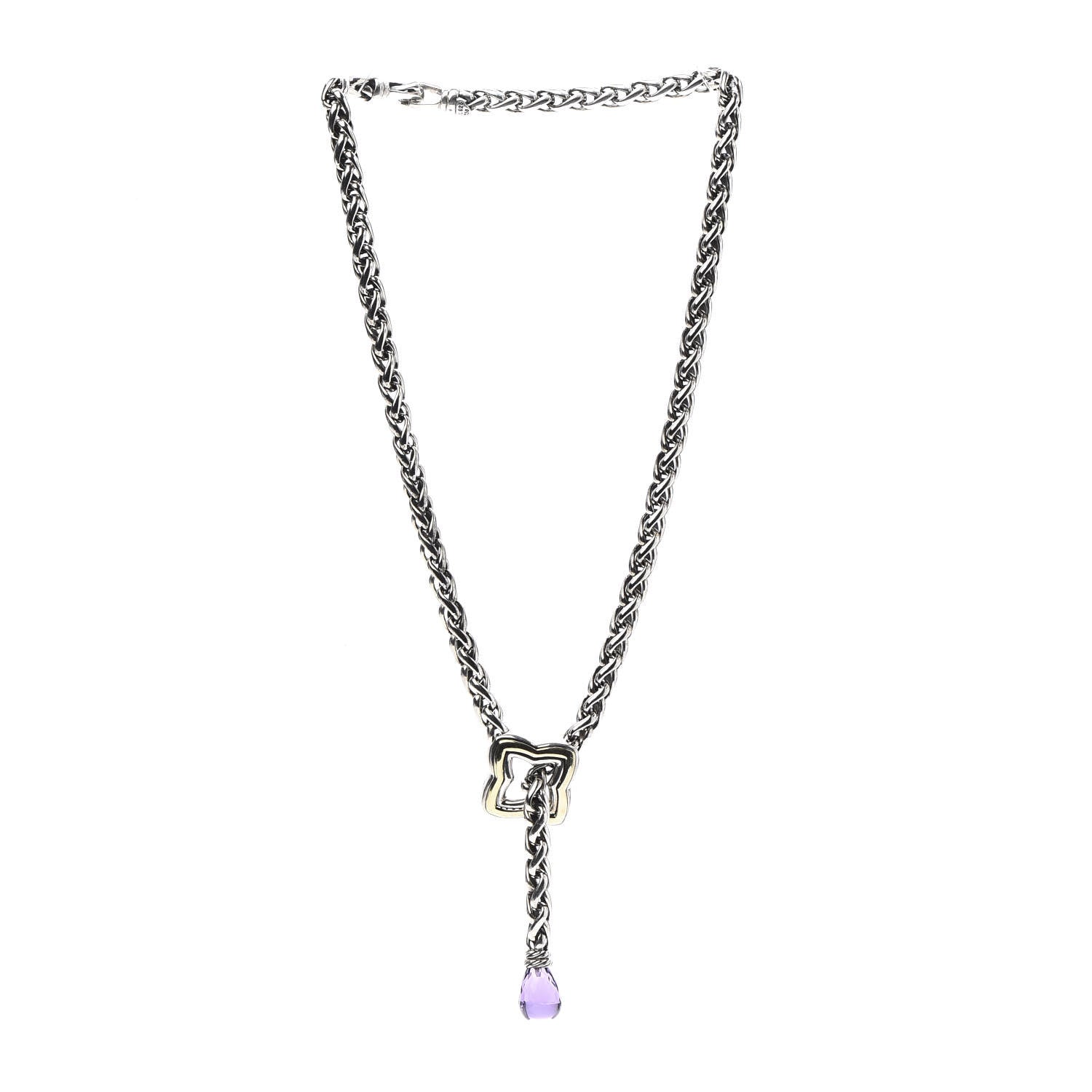 David Yurman Sterling Silver 18K Yellow Gold Amethyst Quatrefoil Lariat Wheat Chain Necklace 3 of 6