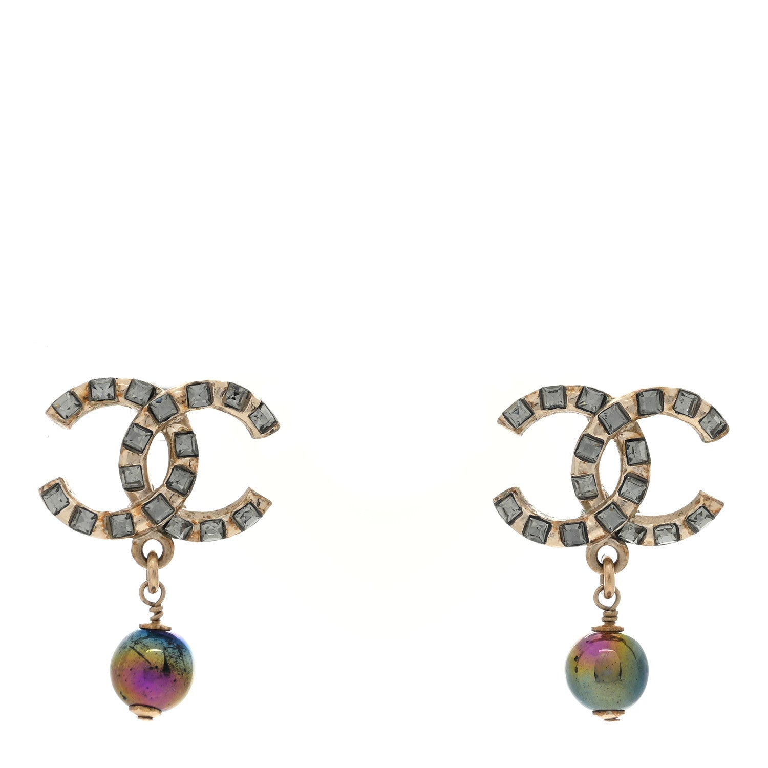 Chanel Metal Pearl Crystal CC Drop Earrings Gold Purple Gray 1 of 4