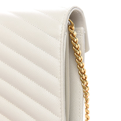 Saint Laurent Grain De Poudre Matelasse Chevron Monogram Chain Wallet Cream 7 of 11