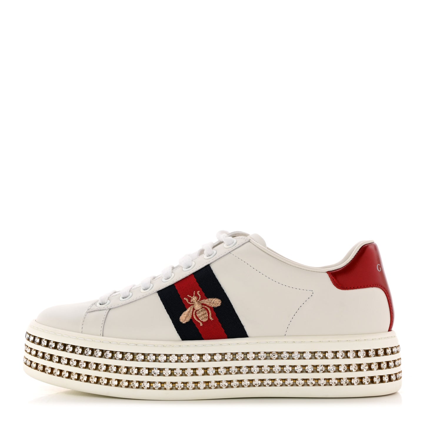 Calfskin Crystal Web Bee Embroidered Womens Ace Platform Sneakers 35.5 White