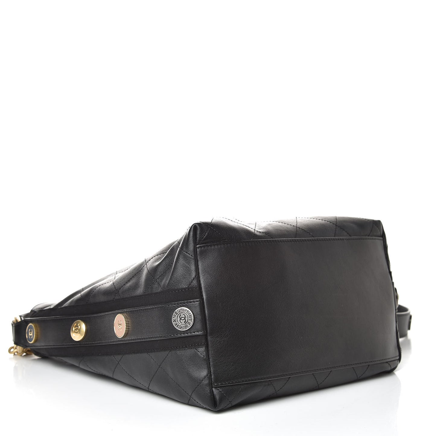 Calfskin Stitched Large Button Up Hobo Black