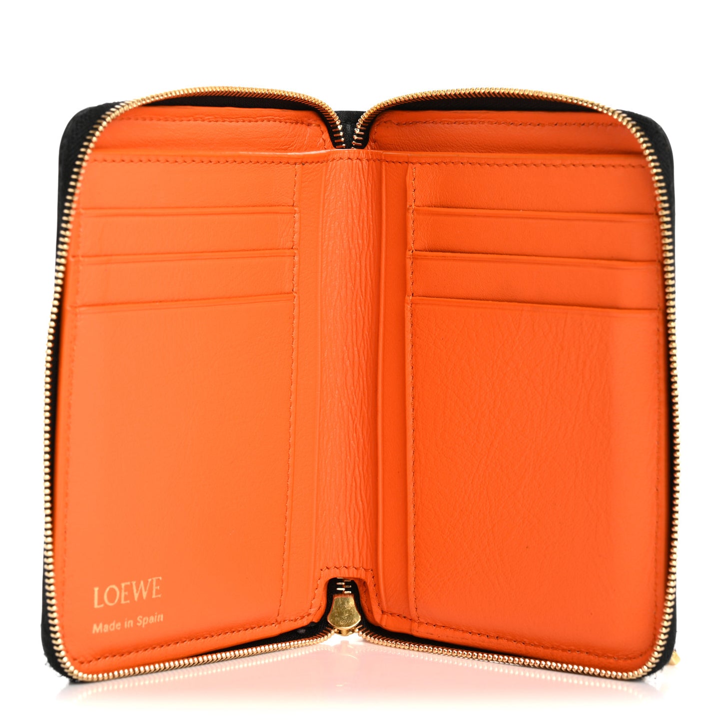 Calfskin Compact Knot Zip Around Wallet Black Bright Orange