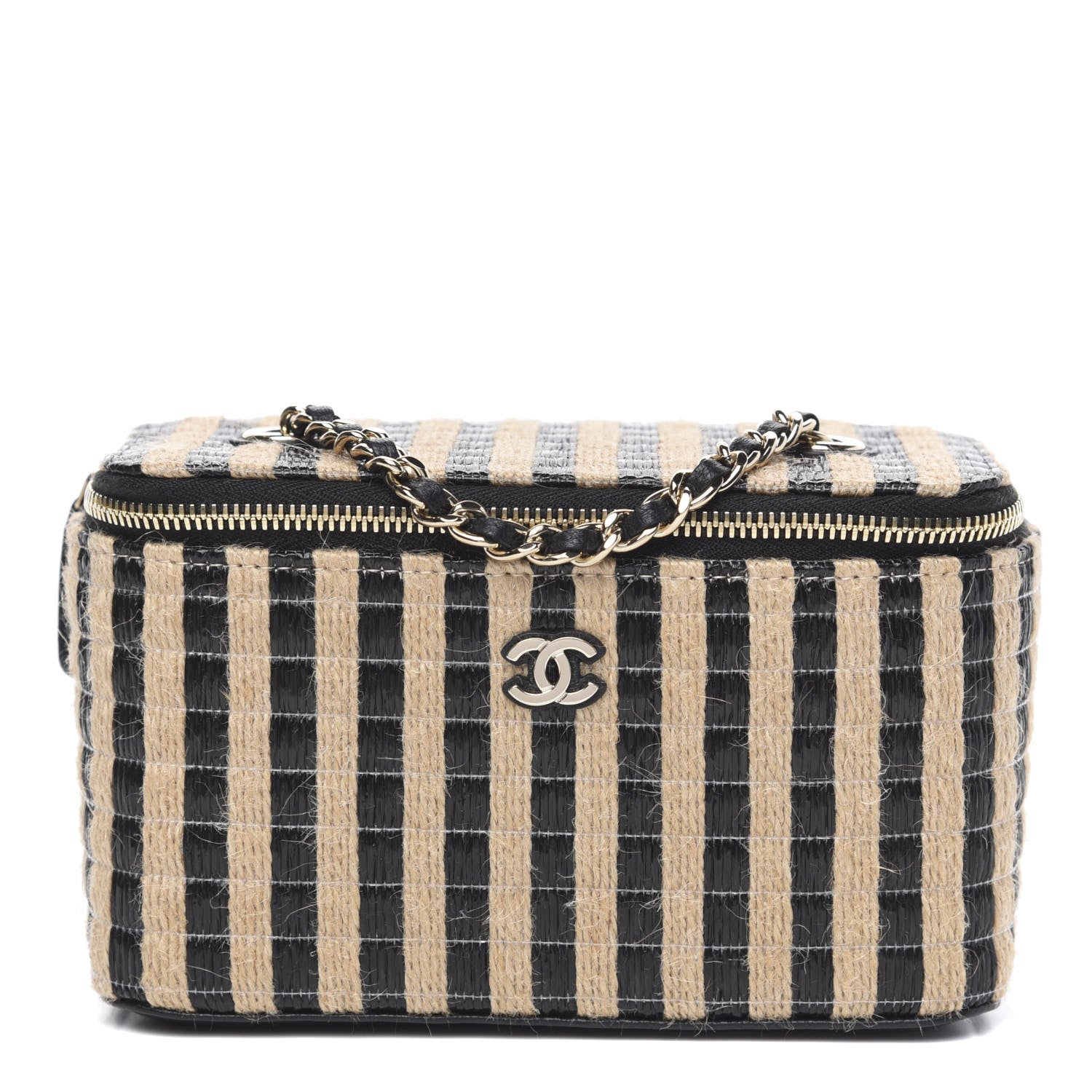 Chanel Raffia Jute Striped Small Vanity Case With Chain Black Beige 1 of 10