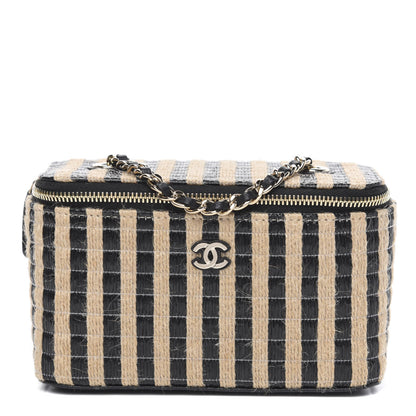 Chanel Raffia Jute Striped Small Vanity Case With Chain Black Beige 1 of 10