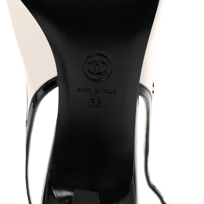 Chanel Lambskin Patent Calfskin Cap Toe CC Slingback Pumps 38 White Black 7 of 10