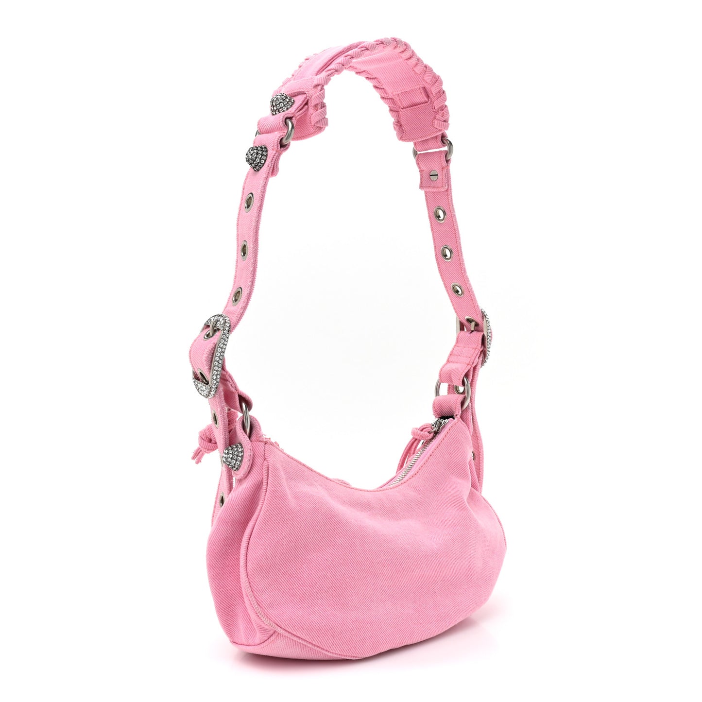 Washed Frayed Denim Crystal Le Cagole Shoulder Bag XS Denim Pink