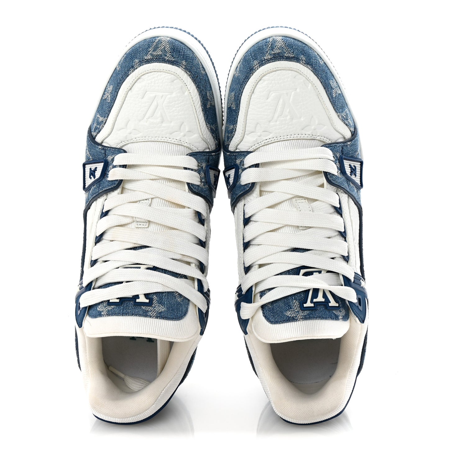 Calfskin Embossed Monogram Denim Mens LV Trainer Sneakers 8 Blue