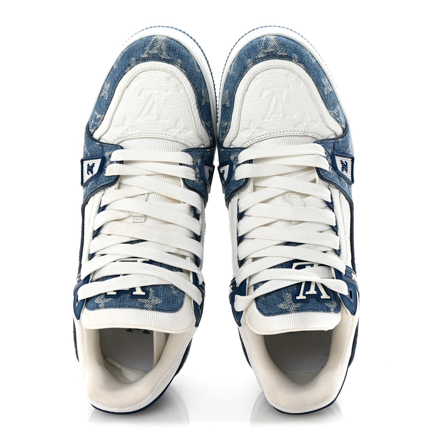 Louis Vuitton Calfskin Embossed Monogram Denim Mens LV Trainer Sneakers 8 Blue 2 of 10
